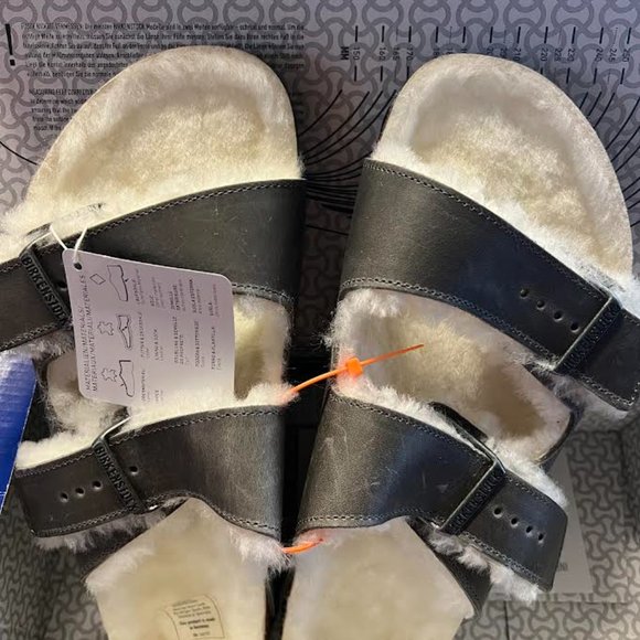 NWB! Birkenstock Men's Arizona Shearling Sandals, Iron/Natural, Grey, Tan,  8 US - Picture 8 of 9